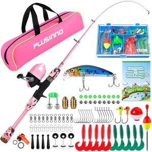 PLUSINNO Kids Fishing Pole with Spincast Reel Telescopic Fishing Rod Combo Full Kits for Boys, Girls, and Adults (Pink, 120cm 47.24In)