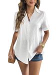 Zeagoo Women Linen Button Down Shirt Rolled Cuffed Short Sleeve Blouse Ladies Summer Casual V Neck Beach Cotton Tops, Aa-white, XX-Large