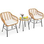 Tangkula 3 Pieces Patio Bistro Set, Rattan Conversation Set with 2 Cushioned Armchairs & Round Glass Coffee Table, Indoor Outdoor Wicker Furniture Set for Balcony, Backyard, Garden, Poolside