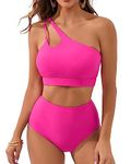 Minmaxmum Bikini for Women High Waist Bikini Bottom Two Piece Bathing Suits One Shoulder Cut Out Bikini Top Swimsuits PinkRed XL