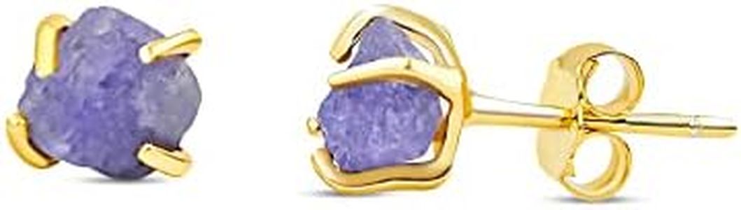 raw tiny tanzanite stone stud earring 4-6mm solid 925 sterling silver over real yellow gold plated prong setting, December birthstone jewelry gift for her or him, uniquelan jewelry (tanzanite)