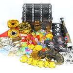 Sincere Party Silver Black Coating Pirate Treasure Chest With Pirate Coins,Pirate Jewels,Toy Gun,Compass,Earrings,Rings,Telescope,Badge,Eyepatch,Pirate Bandana,16pcs Paper Money