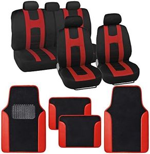 carXS Forza Series Red Seat Covers Full Set Combo with Car Floor Mats – Front and Rear Bench Seat Cover & Floor Mat Protector Set, Interior Covers for Auto Truck Van SUV