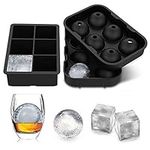 Large Ice Cube Trays Ice Ball Maker with Lids Combo(Set of 2), Silicone Sphere & Square Flexible Ice Cube Molds for Cocktails, Whiskey, Juice and Any Drinks- Reusable & BPA Free