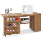 COSTWAY Sewing Machine Table, 62.5" x 20" Foldable Craft Station Table w/Lockable Casters, Storage Shelves, Bins & Single Door Cabinet, Multipurpose Sewing Machine Cabinet for Home, Bedroom (Brown)