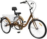 HUSPOO 24 Inch Adult Tricycle, 6 Speed 3 Wheel Bike with Light,Backrest and Basket Adjustable Seat Tricycle Cruise Bike for Shopping Outdoor Picnic Sports (Gold)