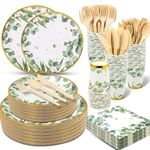 Sage Green Baby Shower Decorations Plates and Cups Sets,350pcs Party Plates Supplies,Disposable Dinnerware - Paper Plates Cups Napkins for Boho Bridal Shower/Baby Shower Theme Party,Serves 50