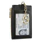 Women & Men Leather RFID Blocking Card Holder Slim Small Zipper Keychain Front Pocket Wallet with 2 ID Window, Black