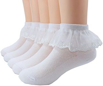 Xiyadun 5 Pairs Toddler Baby & Child Girls Ruffle Lace Ankle Cotton Dress Socks (M for 3-6 Years, Eyelet White)