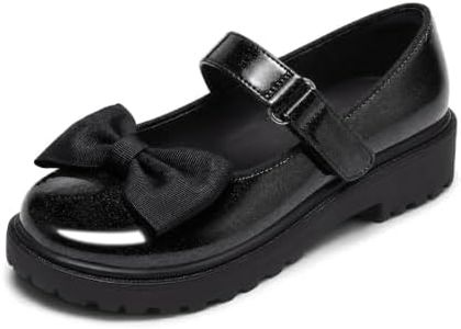 Coutgo Girls Mary Jane Dress Shoes Bow Closed Toe Chunky Heel Flats Platform Loafers School Uniform Shoes, Cool Black, Size 11