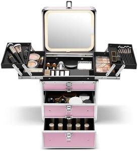 Qislee Makeup Box with Double Drawers and Four Trays, A Detachable Lighted Mirror, Waterproof Travel Train Case, Cosmetic Organizer and Makeup Suitcase with Magnetic LED Mirror(ICY Pink)