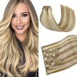 HUAYI Clip In Hair Extensions Double Weft Brazilian Human Hair,Dark Ash Blonde Mix With Bleach Blonde 70+ Silky Straight 100% Remy Human Hair(#18p613 18 Inch)