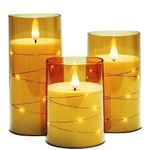 LTETTES 3 Set (H-4",5",6" x D-3") LED String Light Inbuild Acrylic Fiber Glass Flameless Electric Candles,Gold Color Battery Powered with Remote for Home Decor, Birthday Gifting, Wedding, Festivals