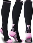 Thoxcare Compression Socks for Women Men 20-30mmHg, Best Knee High Support Socks for Running Sports Medical Airplane Travel, 1Pair-Black/Pink, Large-X-Large