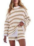 Hotexy Womens Oversized Lounge Sets 2 Piece Outfits Striped Matching Pajama Set Long Sleeve Sweater Set,Beige,Large