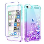 Pilaru Lovely Glitter Case for iPod Touch 5/6 /7 [Screen Protector] Clear Liquid Heart Glitter Soft TPU Cover Transparent Girly Shockproof Protective Phone Case for Touch 5th/ 6th/ 7th Gen,Teal/Purple