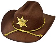 I LOVE FANCY DRESS U.S AMERICAN SHERIFF - STURDY COWBOY HAT WITH BROWN FELT MATERIAL AND GOLD PLASTIC STAR SHERIFF BADGE