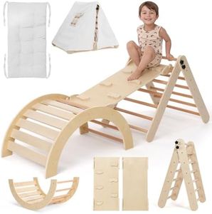 Pikler Triangle Set with Cushion, 8-in-1 Toddler Climbing Toys Indoor, Wooden Montessori Climbing Set with Arch Ramp,Ladder&Tent Cloth, Baby Indoor Climber Jungle Gyms for Toddlers Toy, Natural