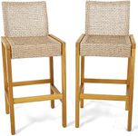 HAPPYGRILL Wicker Bar Stools Set of 2, Patio Chairs with Solid Wood Frame, Ergonomic Footrest, Indoor Outdoor Bar Height Chairs for Backyard Poolside Garden