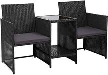 Gardeon Patio Furniture Wicker 2 Seater Loveseat Bistro Set Table and Chairs, Outdoor Lounge Setting Garden Bench Backyard Porch, with Cushions Built-in Coffee Table Black