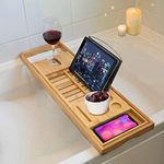 TRIXES Premium Bamboo Bath Caddy - Adjustable Extendable Bridge Table Tray for Bathtub to hold Candle, Wine Glass, Book, iPad & Phones - Over tub Bathroom Accessories - Natural Wood