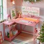 Bestier Gaming Desk with Power Outlets,42 LED Small Corner Computer Desk with Reversible Storage Shelves,L Shaped Desk with Hooks Workstation Desk for Office and Bedroom,Pink Carbon Fiber