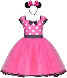 Baby Toddler Girl Mini Mouse Polka Dots Fancy Dress Up Costume Birthday Party Tulle Dresses (Pink Dress With Headband, 4-5 T)