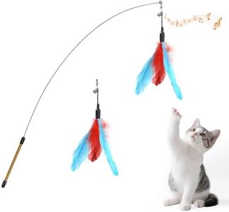 Pawaboo Feather Teaser Cat Toy, Interactive Feather Wand Cats Toy Flying Feathers Cat Catcher with Extra Long 34.5" Wand and Small Bell, Exerciser Playing Toys for Kitten or Cats, Blue + Red Brown