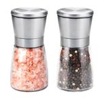 Body Plus 2 Pack Salt and Pepper Grinder Set - Stainless Steel Salt and Pepper Mills Grinders with Transparent Glass Body, Ceramic Coarseness - Pepper Mill for Kitchen, Camping and Traveling