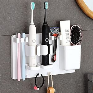 Youker Toothbrush Holder Wall Mounted for Bathroom, No-Drilling Removable Bathroom Organizer Rack with Three Hooks Waterproof Toothpaste Holder for Bathroom, Toothbrush, Shaver, Toothpaste