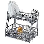 2 - Tier Dish Drainer Plate Rack Cup Cutlery Holder Plastic Dish Rack (Silver)