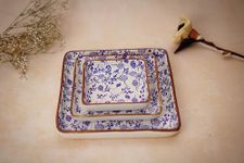 Pankhhari Stoneware Decorative Serving Tray Platter Blue Floral Square Platter Set of 3 | Serving Plate for Food Sushi Snake Fruit Cake Dessert Serving Dry Fruits,