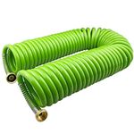 Darnassus Garden Hose,50 Feet Green PU Curly Water Hose with Brass Connectors,Watering Hose Coil,Retractable,Corrosion Resistant Garden Coil Hose