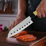 ATARC AT-135 Santoku Knife Santoku Blade Japanese Knife with Holes Long 7 Inches Sharp & Durable for Cutting Meat Chicken Cheese Vegetable Fruits (Yellow)