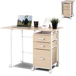 COSTWAY Folding Computer Desk, 2-In-1 Mobile PC Laptop Table with Rolling Wheels and 3 Drawers, Space Saving Home Office Workstation Study Writing Desk, 105x50x75cm (Oak)