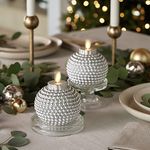 Luminara Set of 2 Flameless Moving Flame Candle Ornaments - Silver (3.5" x 4.25") with Remote Control - Unscented Real Wax Embossed Pearl Metallic Paint Finish