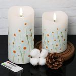 Eywamage White Daisy Floral Flameless Pillar Candles with Remote, Flickering Battery Operated LED Candles Set of 2