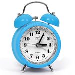 ABOUT SPACE 4 Inch Twin Bell Alarm Clock Round Silent Analog Desk/Non-Ticking with Night Light- Battery Powered Simple Design for Home Office Students Kids Bedroom - (PVC) Blue (Battery not Included)