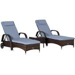 Outsunny Wicker Patio Lounger Set with Padded Cushions, Outdoor PE Rattan Chaise Lounge Chair with Wheels, 5-Level Reclining Lounger with Headrest, Glass Top Table, Brown/Grey