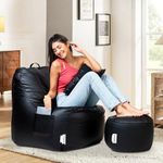 Amazon Brand - Solimo Lounger Premium Faux Leather Bean Bag Combo with Footrest & Cushion | Multifunctional Pocket | Capacity: Upto 6' 3" Height, 120 KG Weight | 4XL | Black