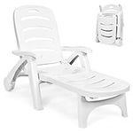 COSTWAY Folding Sunlounger with Wheels, 5-Position Adjustable Outdoor Deck Chair Furniture, Garden Beach Patio Pool Lounger Recliner Seat (White)