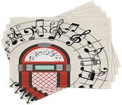 Ambesonne Jukebox Place Mats Set of 4, Cartoon Antique Old Vintage Radio Music Box Party Notes Art, Washable Fabric Placemats for Dining Table, Standard Size, Red Black