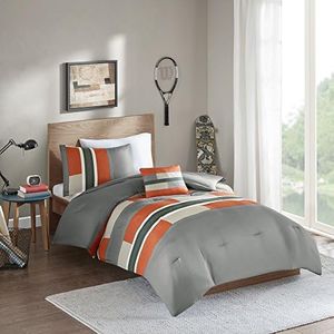 Comfort Spaces Casual Comforter Set Sporty Design, Vibrant Color, Active Lifestyle Boys Bedroom Décor, All Season Soft Microfiber Bedding Set, Decorative Pillow, Sham Grey/Orange Queen 4 Piece