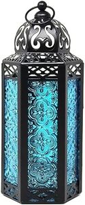 VELA LANTERNS Moroccan Candle Lantern Decorative Candle Holder Lamp for Table or Hanging, Ramadan Decorations, Indoor Home Decor, Outdoor Patio or Porch, Weddings, Black Metal, Blue Glass, Medium