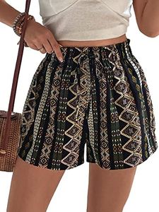 Floerns Women's Summer Tribal Print Elastic Waist Beach Shorts Green Boho M
