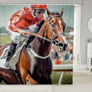 Horse Racing Shower Curtain Set Running Steed Exciting Audience Bath Curtain for Kids Horse Game Waterproof Bathroom Curtain with 12 Hooks Suits for Bathtublet,72" W x 84" L
