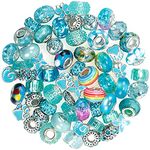 60 Pcs European Assorted Large Hole Spacer Beads, Assortments Metal Resin Charm Beads Rhinestone Beads, Supplies for DIY Necklace Bracelets Jewelry Making（Light Blue）