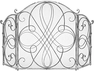 Best Choice Products 3-Panel 55x33in Solid Wrought Iron See-Through Metal Fireplace Screen, Spark Guard Safety Protector w/Decorative Scroll - Pewter