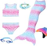 LAO&HAI Girls Mermaid Tail for Swimming and Fins Goggles Garlands Flower Headband 6 Piece Pink&Blue PB110