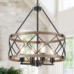 Farmhouse Chandelier for Dining Room 4-Light Rustic Chandeliers Drum Wood Grain Pendant Light Fixture Modern Industrial Chandelier for Kitchen Island Entryway Foyer Hallway, E26 Metal Wood Grain